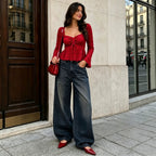 Women's Retro Red Square-Neck Ruffle Top