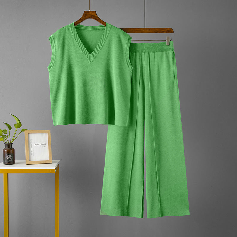 Suit V-Neck Loose Sleeveless Knit Vest Top High-Waisted Slimming Casual Slit Wide Leg Pants Set