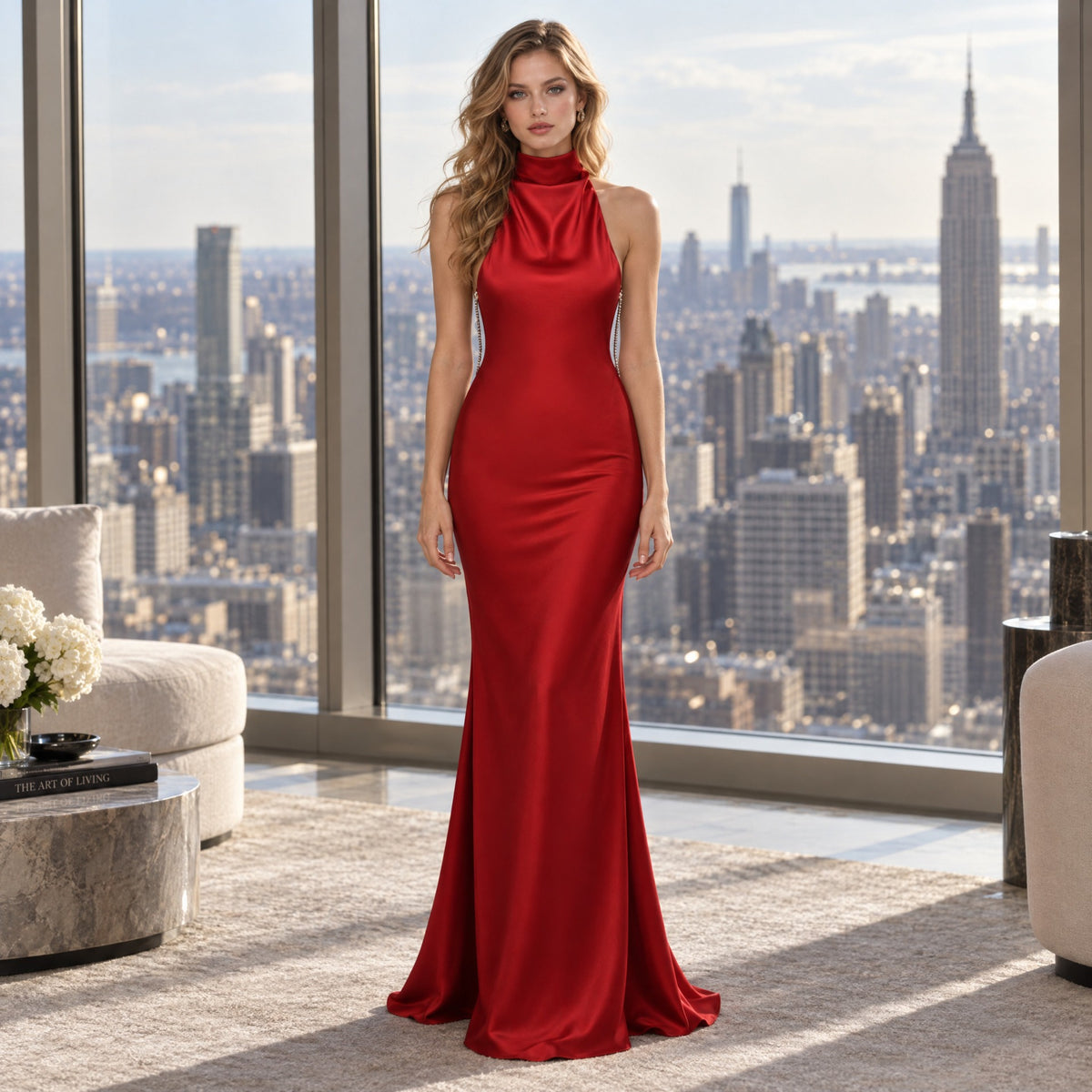 Women's Black Satin Halter Dress With Pearl Chain