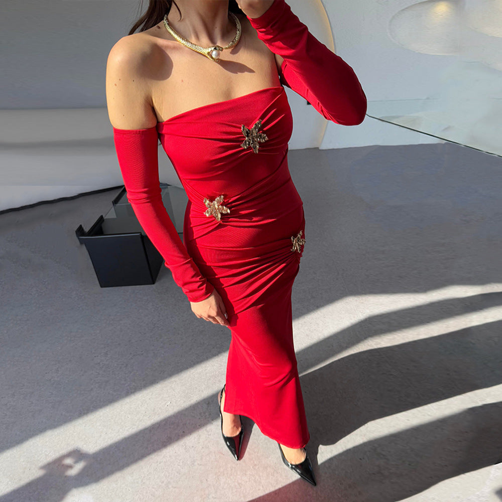 Off-Shoulder Long-Sleeve Bodycon Maxi Dress