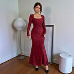 Red lace long-sleeve fitted midi dress with straight neckline and long skirt