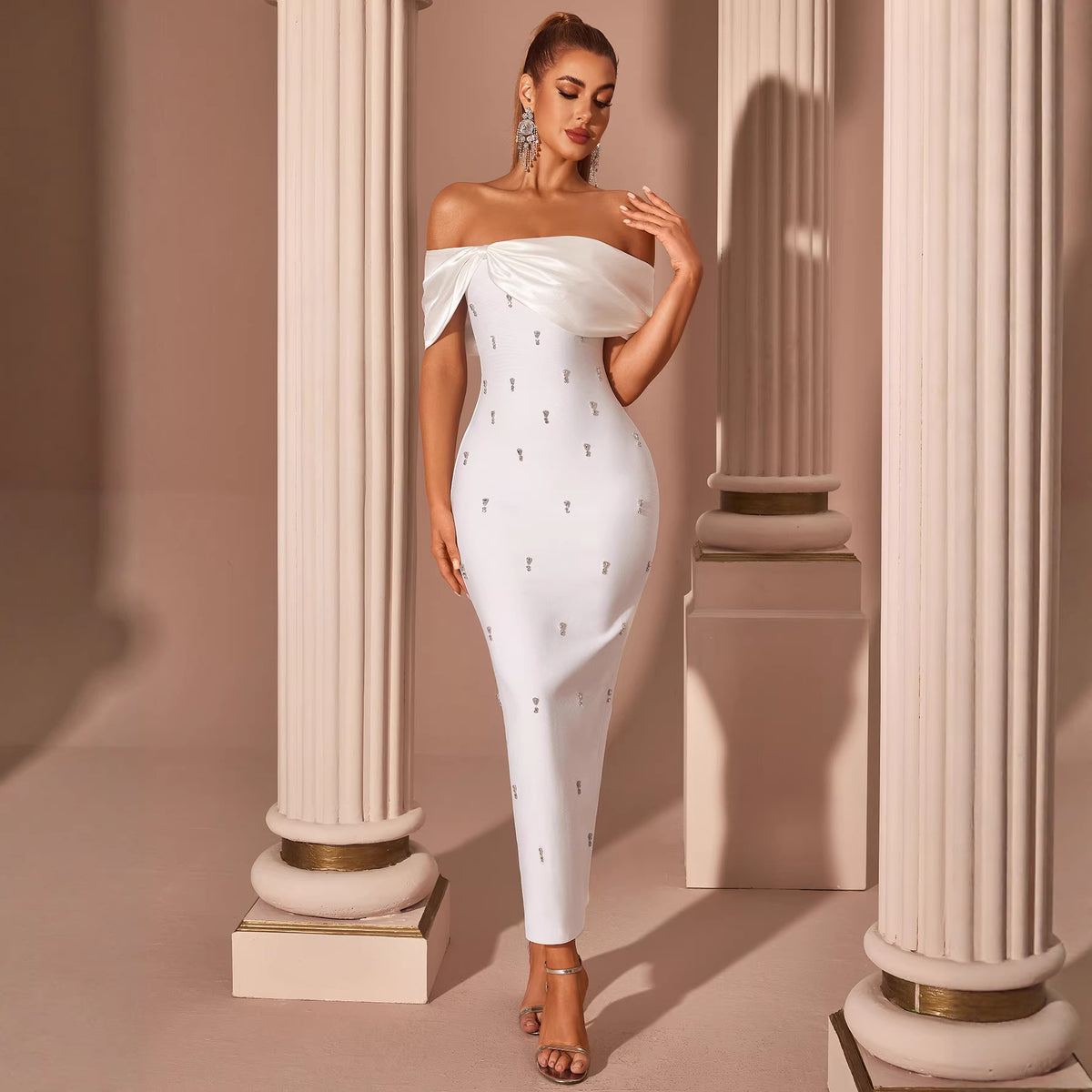 Women's White Off-Shoulder Rhinestone Evening Dress
