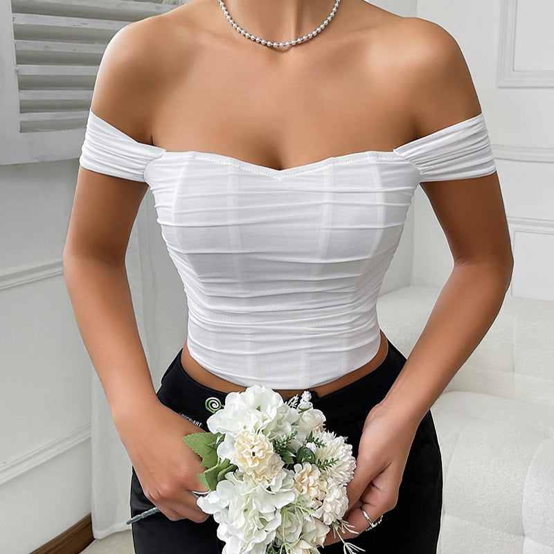Women’s White Boned Ruched Off Shoulder Corset Crop Top