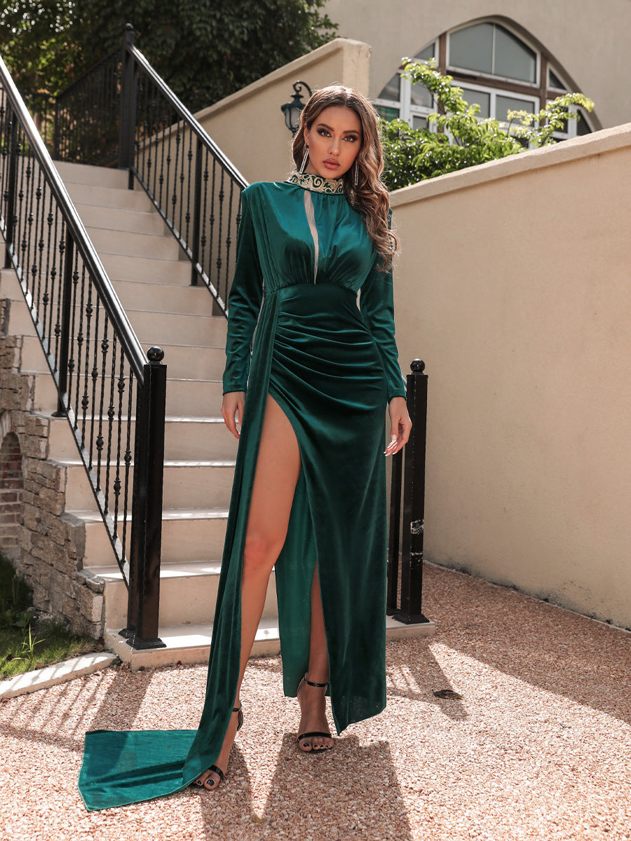 Women's Mock-Neck Satin Split Long-Sleeve Evening Dress