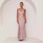 Women's V-Neck Satin Ruched Sleeveless Evening Dress