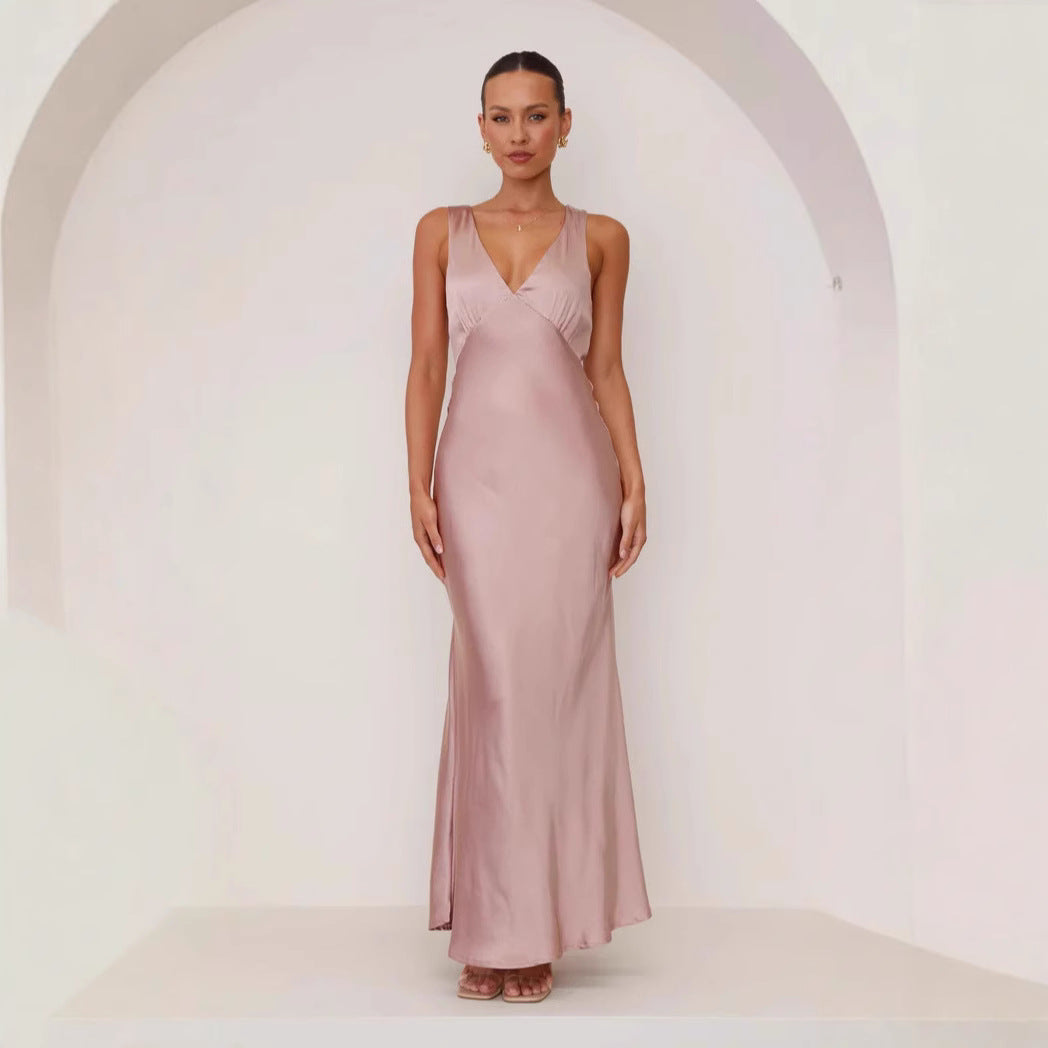 Women's V-Neck Satin Ruched Sleeveless Evening Dress