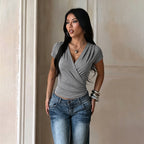 Casual Top Summer Cross Collar Design Pockets T shirt for
