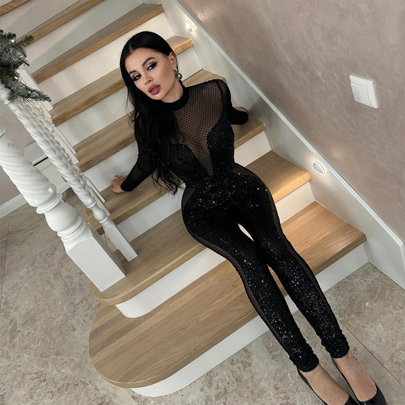 Grid Sheer Long-Sleeve Jumpsuit
