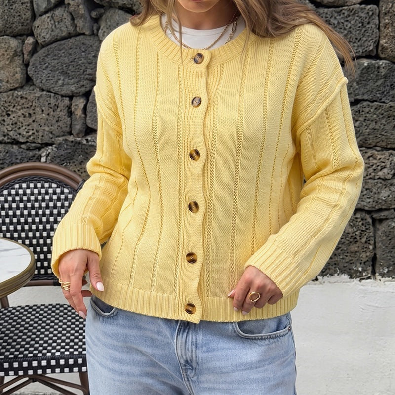Autumn Winter Fresh Korean Solid Color Rib Fabric Sweater Coat for Women