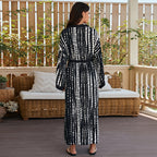 Mid-length rayon beach cover-up shirt, black with white vertical tie-dye stripes, back tie belt