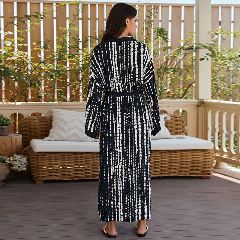 Mid-length rayon beach cover-up shirt, black with white vertical tie-dye stripes, back tie belt