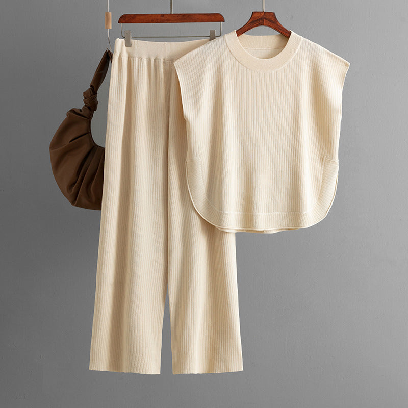 Simple Loose Sleeveless Knitted Top Wide Leg Pants Two-Piece Set