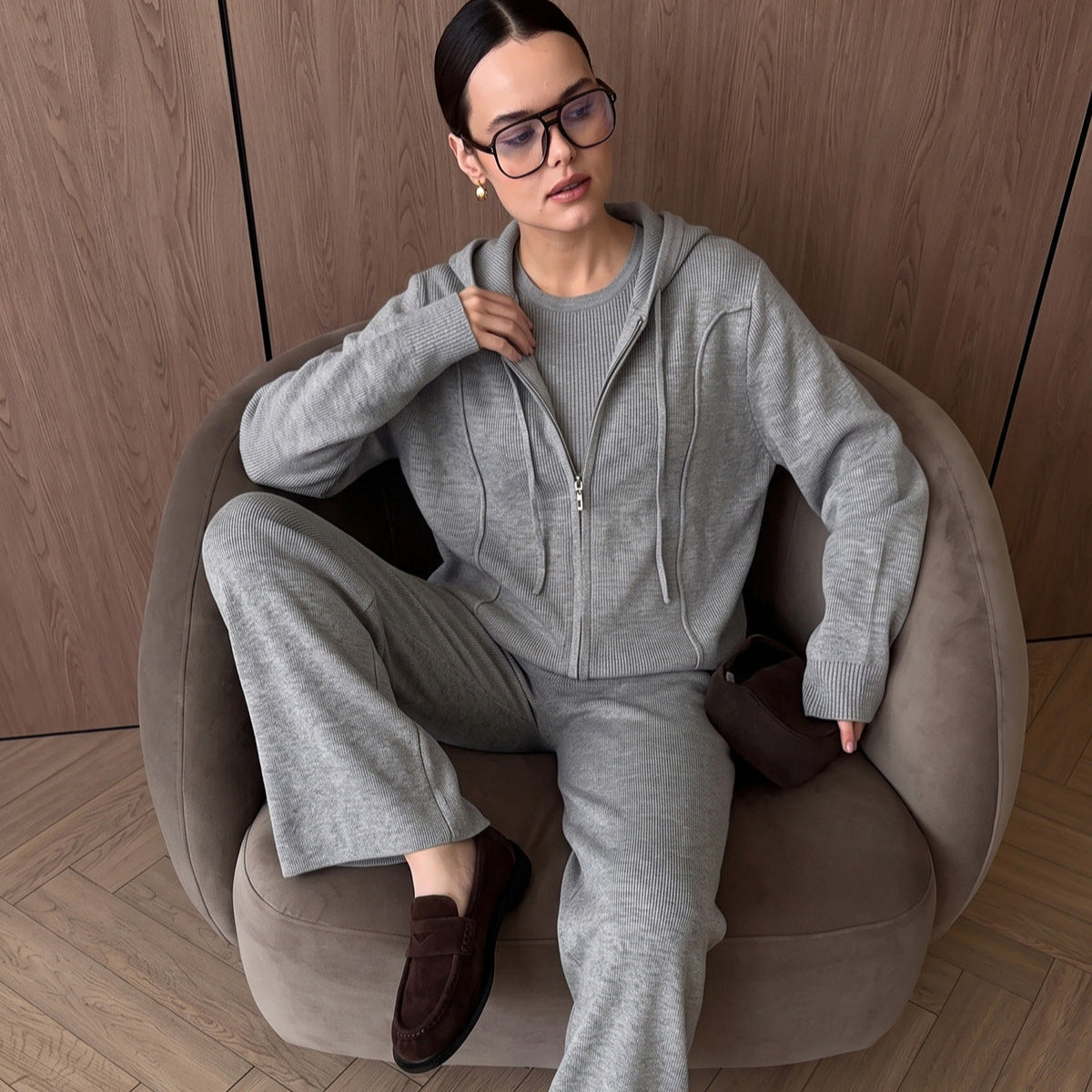 Autumn Winter Loose Knitting Women Hooded Zip Cardigan