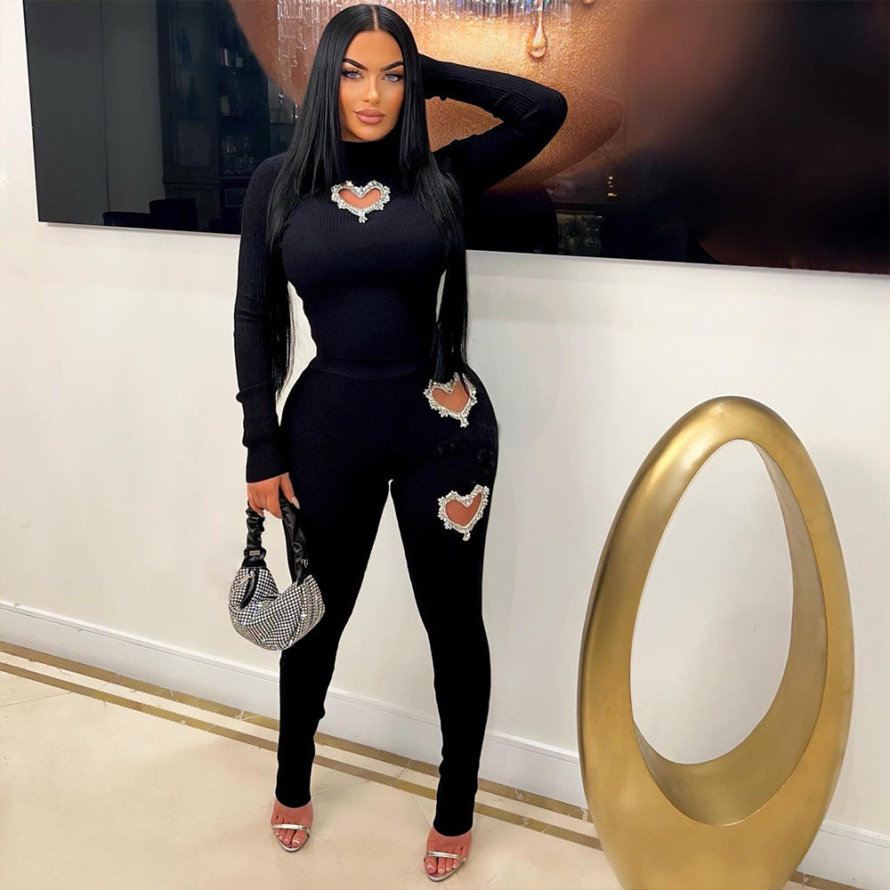 Women's Two Piece Suit Autumn Winter Long Sleeve Hollow Out Cutout