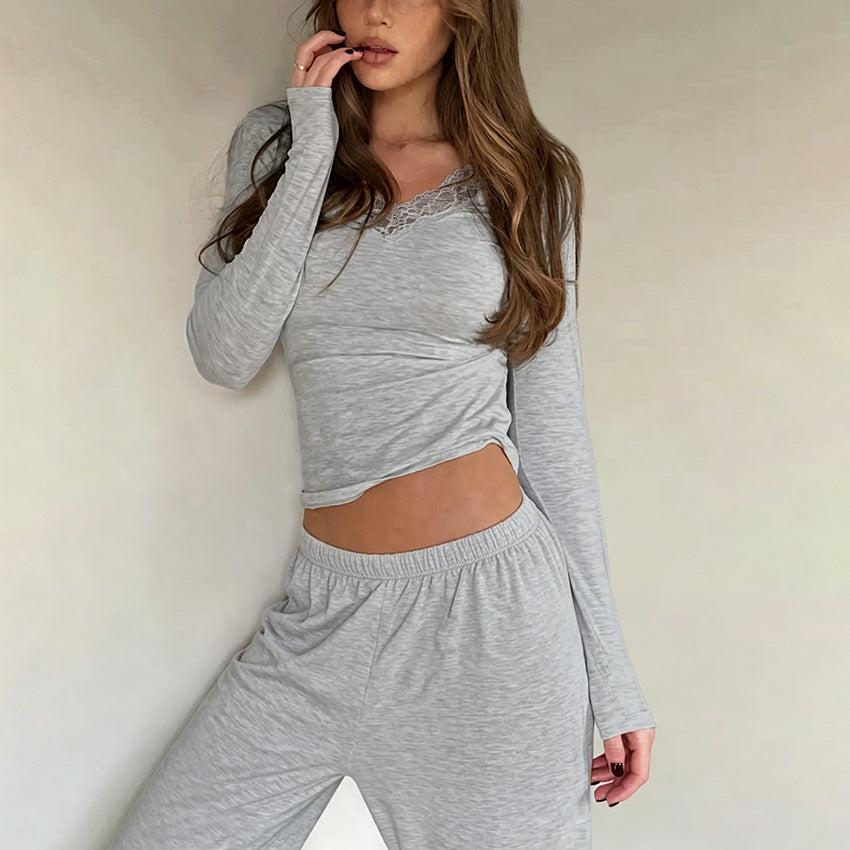 Women's Knitted Lace-Trim Pajama Set