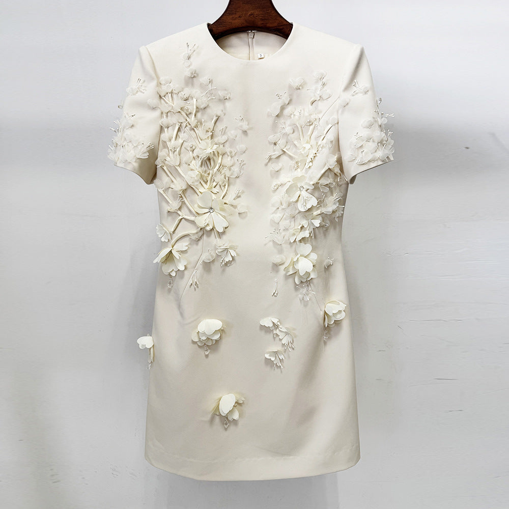 Ivory short-sleeve mini dress with layered floral 3D appliques on bodice and skirt