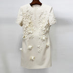 Ivory short-sleeve mini dress with layered floral 3D appliques on bodice and skirt