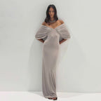 Maxi spring dress, light gray off-shoulder with draped sleeves and V-neck twist detail