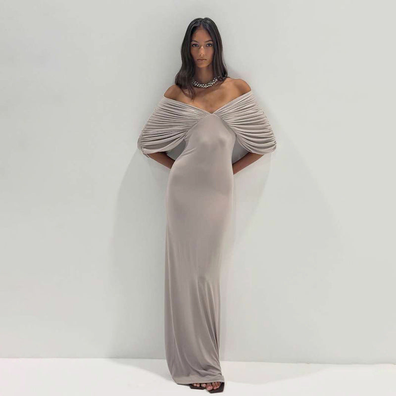 Maxi spring dress, light gray off-shoulder with draped sleeves and V-neck twist detail
