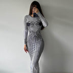 Striped Graphic Crew-Neck Long-Sleeve Split Bodycon Maxi Dress