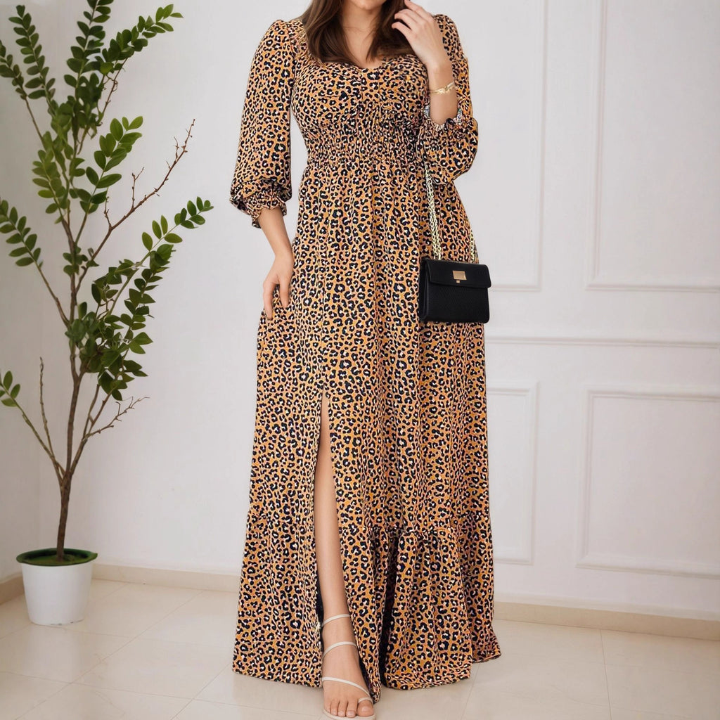 Women's Leopard Print Long Sleeve V Neck Dress
