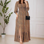 Women's Leopard Print Long Sleeve V Neck Dress