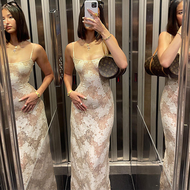 Summer Vacation Strap High Class Elegant Printing Slip Dress