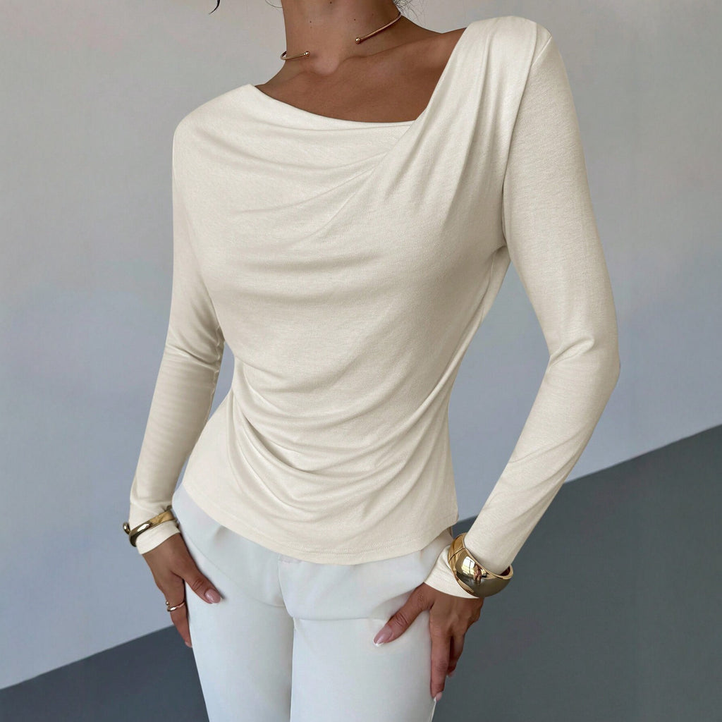 Women Clothing Diagonal Collar Pleated Long Sleeved Top