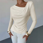 Women Clothing Diagonal Collar Pleated Long Sleeved Top