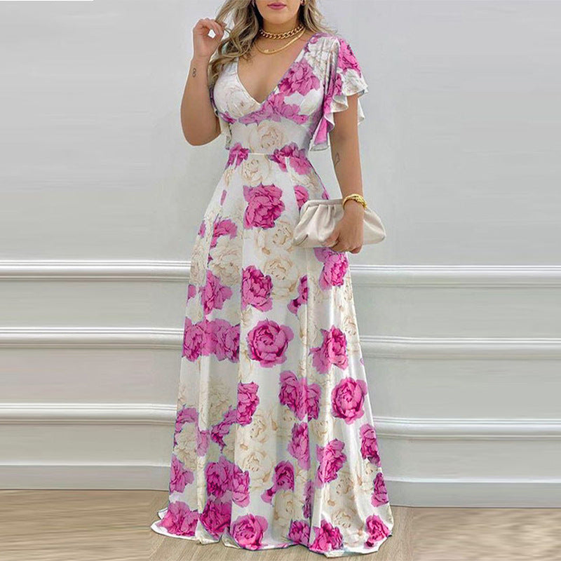 Office V-Neck Waist Trimming Print A-Line Dress