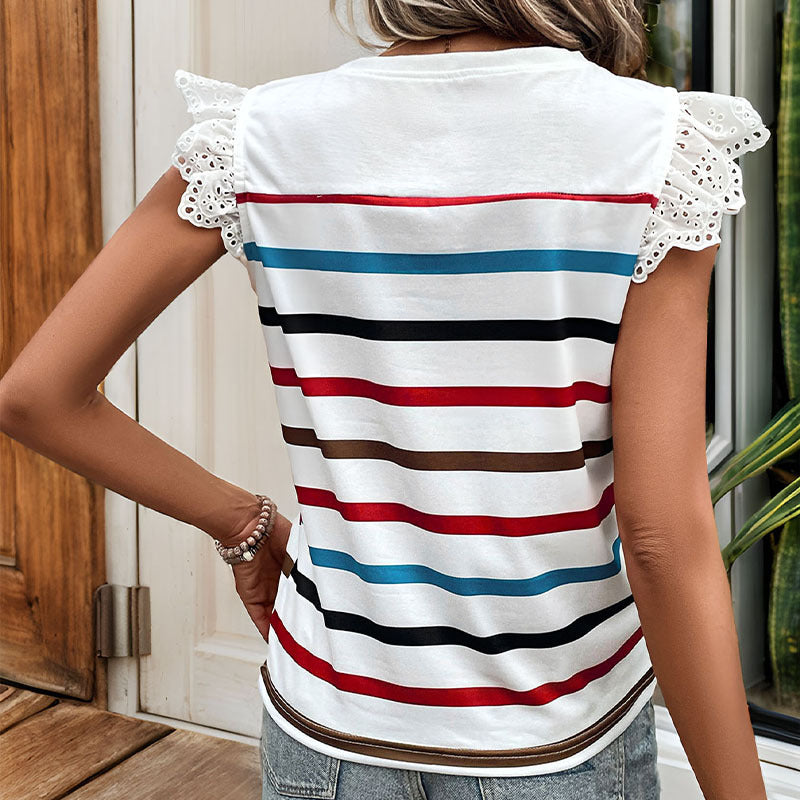Women's Striped Embroidered Flutter Sleeve Top