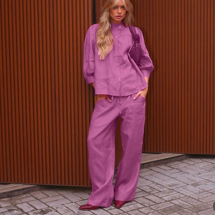 Stand up Collar 3/4 Sleeve Cardigan Shirt Loose Trousers