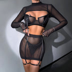Women's Lace Mesh Ribbon Lingerie Set