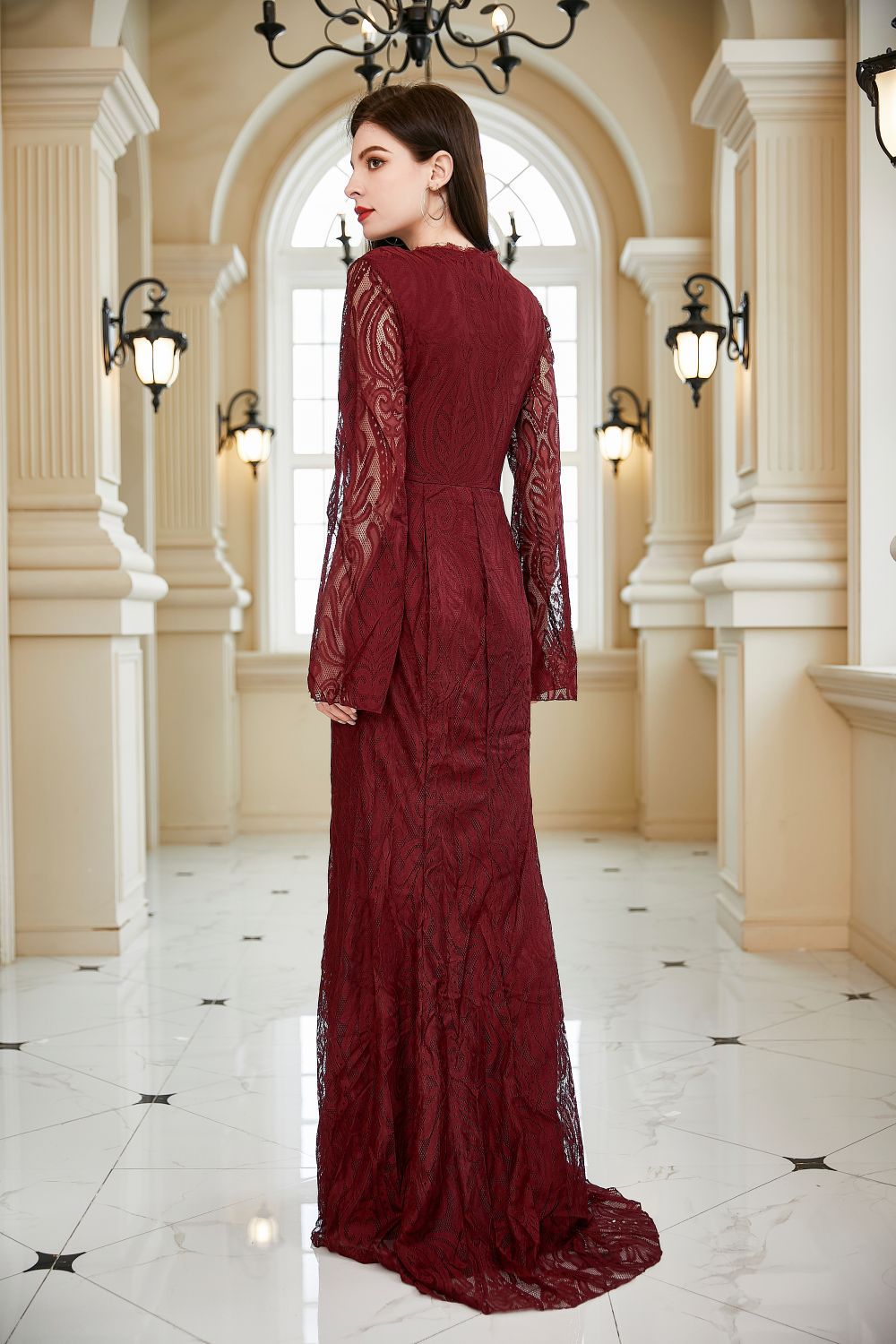 Women's Burgundy Lace V-Neck Long Sleeve Dress