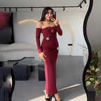 Off-Shoulder Long-Sleeve Bodycon Maxi Dress