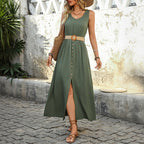 Women's Summer Midi Split Solid Color Sleeveless Crew Dress