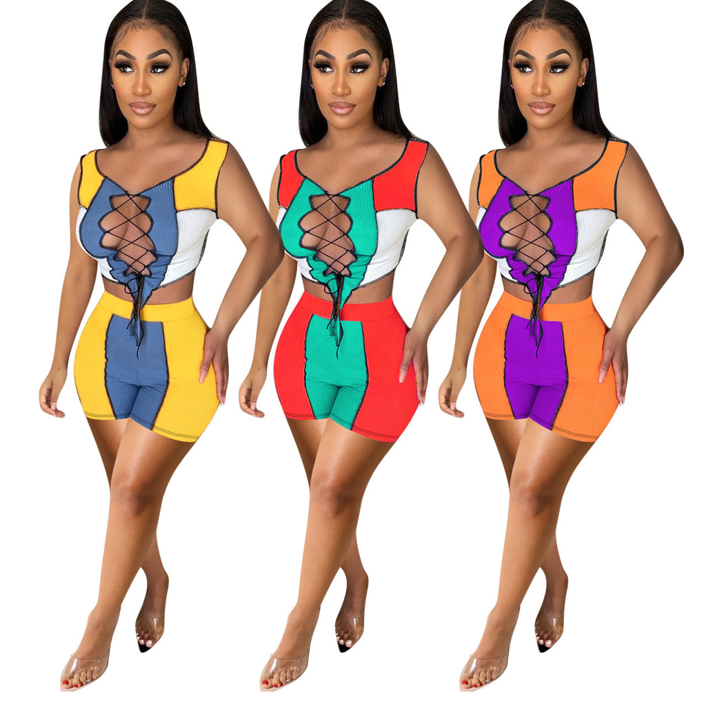 Sun Tanning Lace-Up Rib Stitching Sports Casual Suit Set