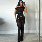 Spring Sexy Sexy Shoulder Irregular Asymmetric Top High Waist Flared Pants Two Piece Sets Women