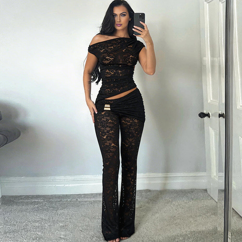 Spring Sexy Sexy Shoulder Irregular Asymmetric Top High Waist Flared Pants Two Piece Sets Women