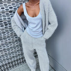 's Autumn Mink-Like Hooded Zipper Sweater Cardigan Double Pocket Trousers Woolen Set