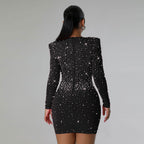 Rhinestone V-Neck Long-Sleeve Bodycon Mini Dress