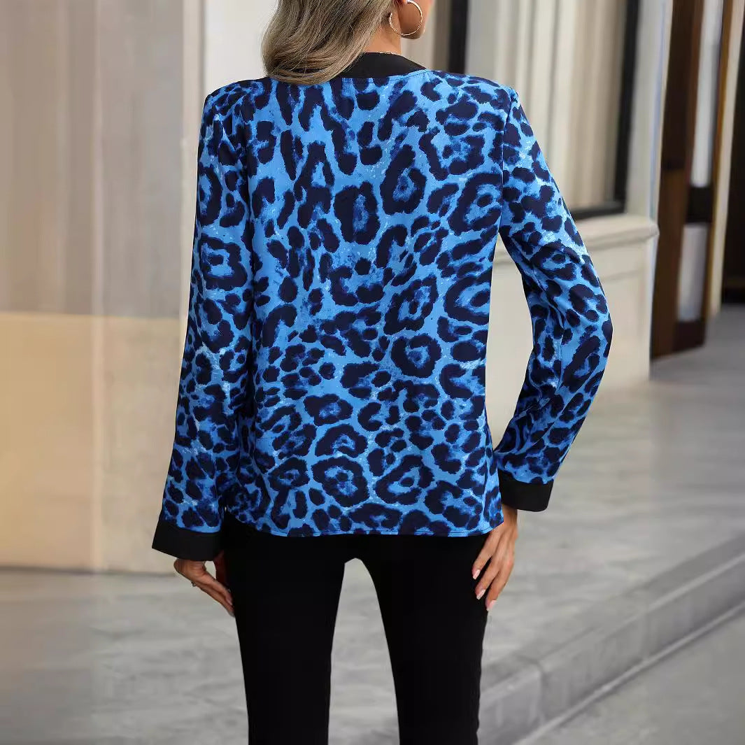 Women's Clothing Spring Autumn V Neck Leopard Print Long Sleeve Women Shirt