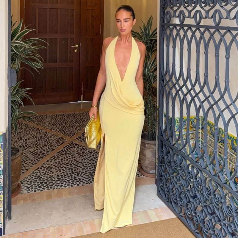 Women's Deep-V Backless Halter Slit Dress