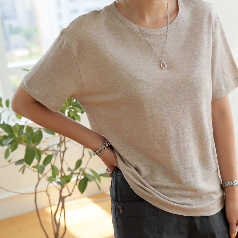Women's Linen T-Shirt Loose Imitation Linen Feel Short Sleeve Basic