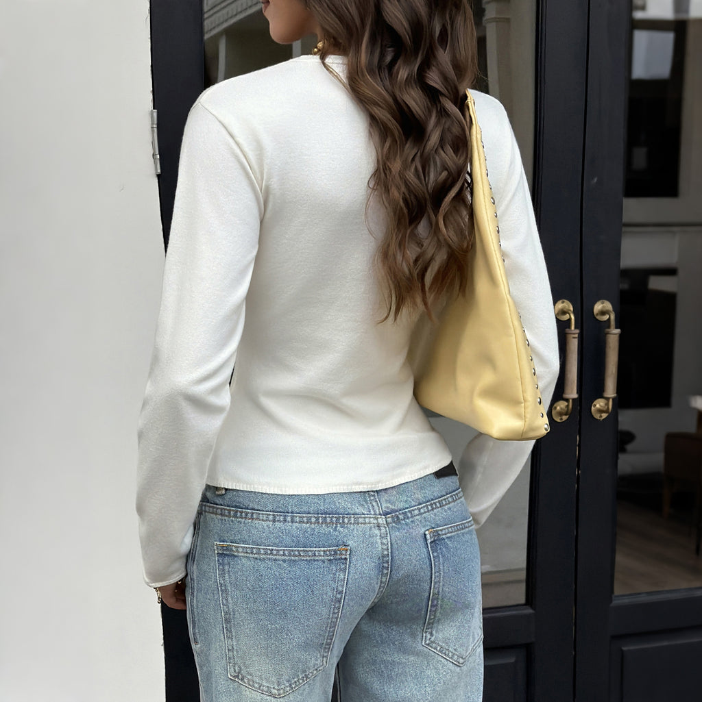 French V-Neck Button-Front Knit Top