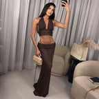 Summer Sexy Deep V Plunge Halter Lace up Top Sequined Low Waist Skirt Set