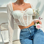 Women's Boned Lace Sweetheart Neck Long Sleeve Top