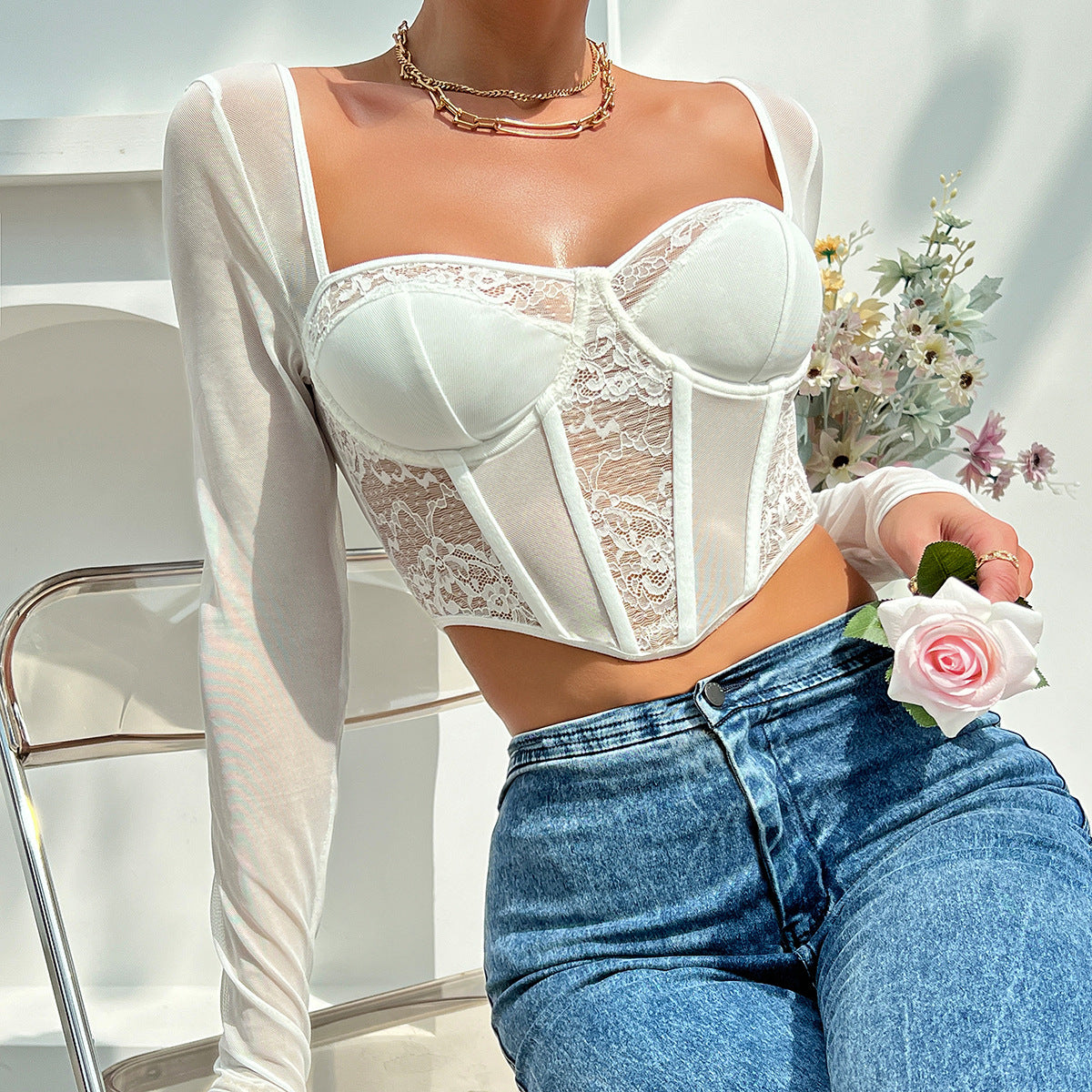 Women's Boned Lace Sweetheart Neck Long Sleeve Top