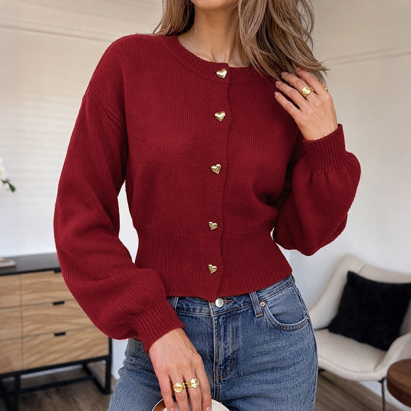 Women's Red Heart-Button Cardigan