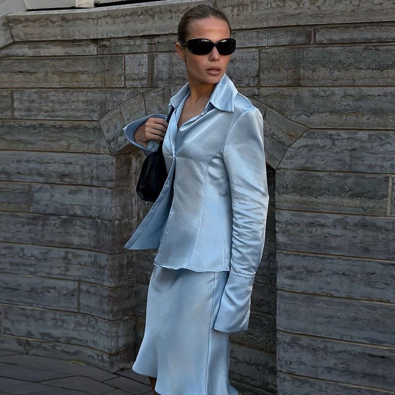 's Summer Polo Collar Solid Color Button Long Sleeve Cardigan Top Skirt